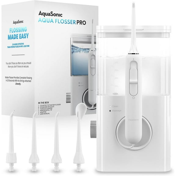 AquaSonic Aqua Water Flosser PRO Set - Professional Water Flosser with Large Reservoir - 4 Tips Included - Dentist Recommended