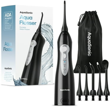 AquaSonic Aqua Water Flosser - Rechargeable Portable Oral Irrigator, 4 Tips, 3 Modes (Black)