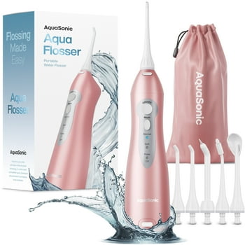 AquaSonic Aqua Water Flosser - Rechargeable Portable Oral Irrigator, 4 Tips, 3 Modes, 150ml Tank (Rose Gold)