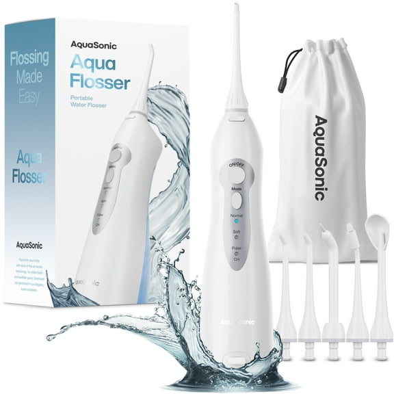 AquaSonic Aqua Water Flosser - Rechargeable Portable Oral Irrigator, 4 Tips, 3 Modes, 150ml Tank (White)