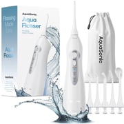 جهاز تنظيف الأسنان بالماء AquaSonic Aqua - جهاز غسيل الفم المحمول القابل لإعادة الشحن، 4 أطراف، 3 أوضاع، خزان سعة 150 مل باللون الأبيض