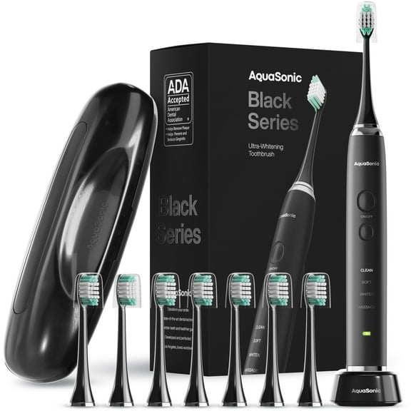 AquaSonic Black Series Electric Toothbrush - Rechargeable, 4 Modes, Travel Case, 8 Brush Heads