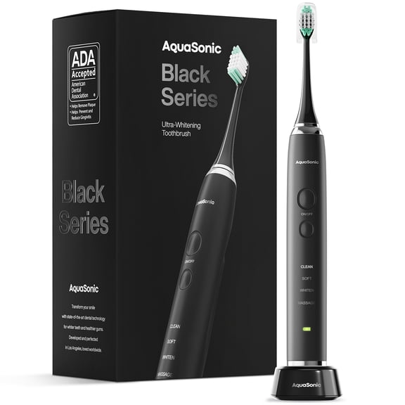 AquaSonic Black Series Electric Toothbrush - Rechargeable, 4 Modes, Travel Case, 8 Brush Heads