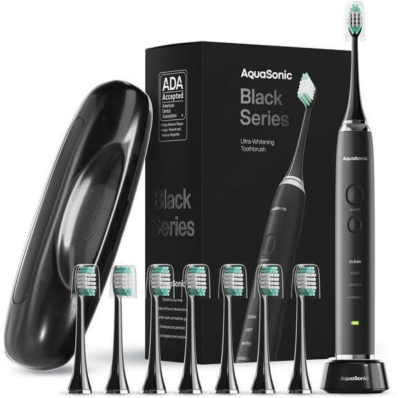 AquaSonic Black Series Electric Toothbrush - Rechargeable, 4 Modes, Travel Case, 8 Brush Heads