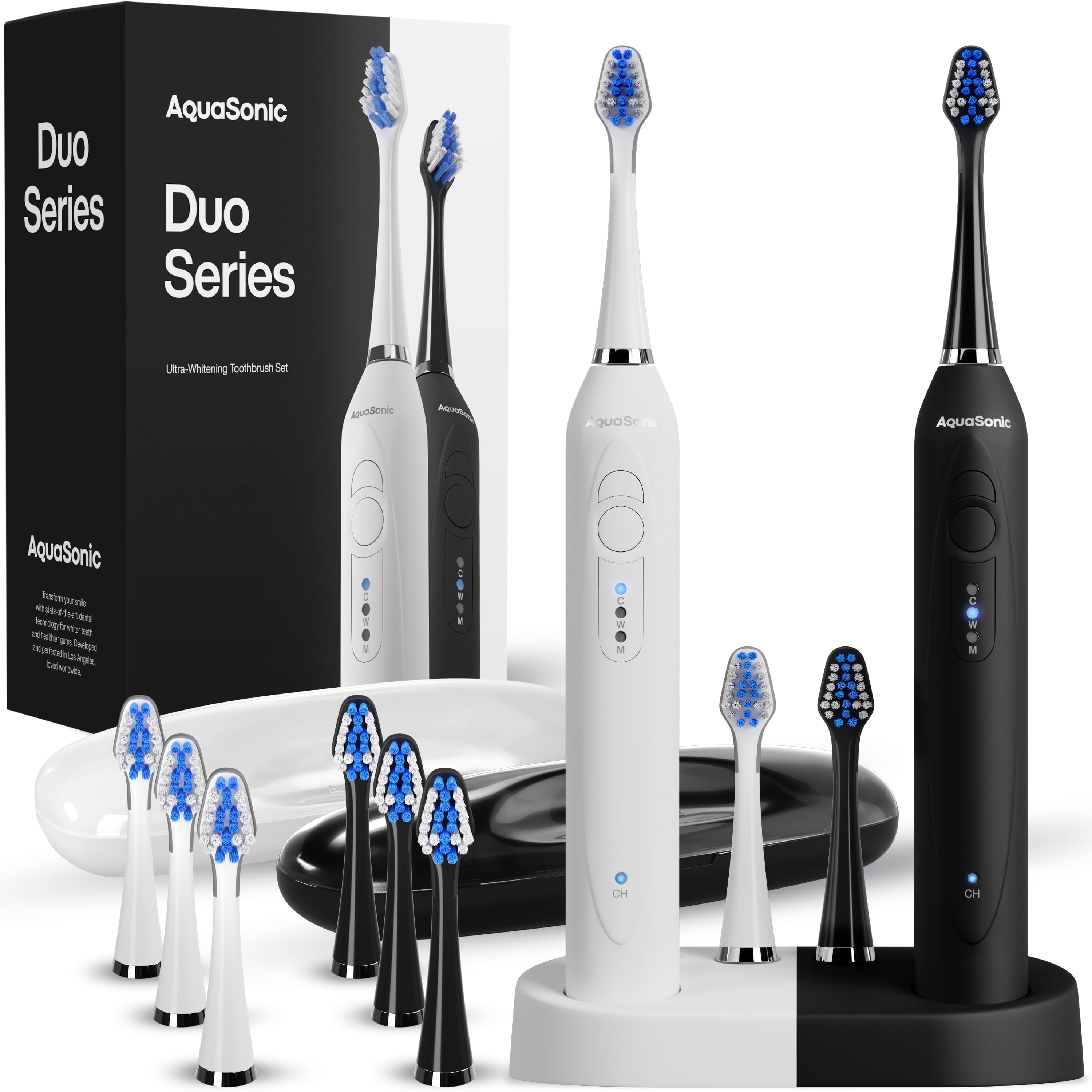 AquaSonic Duo Electric Toothbrush Set Dual Handles, 40,000 VPM, Wireless Charging, 3 Modes, 10 DuPont Brush Heads & 2 Travel Cases