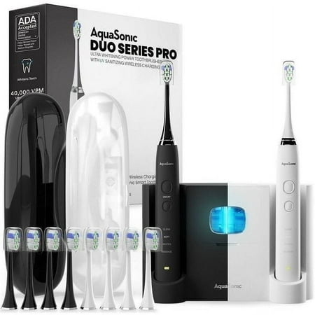 AquaSonic DUO PRO Ultrasonic Electric Toothbrush - ADA Accepted, 4 Modes, UV Sanitizing, Wireless Charging, 10 Brush Heads, 2 Travel Cases