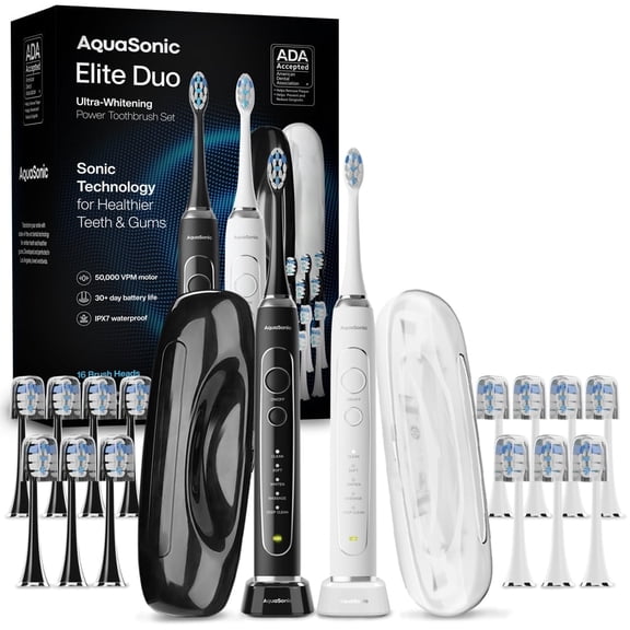 AquaSonic Elite Duo Rechargeable  Electric Toothbrush Set – ADA Accepted, 5 Modes, 2 Travel Cases, 16 Brush Heads (Black/White)
