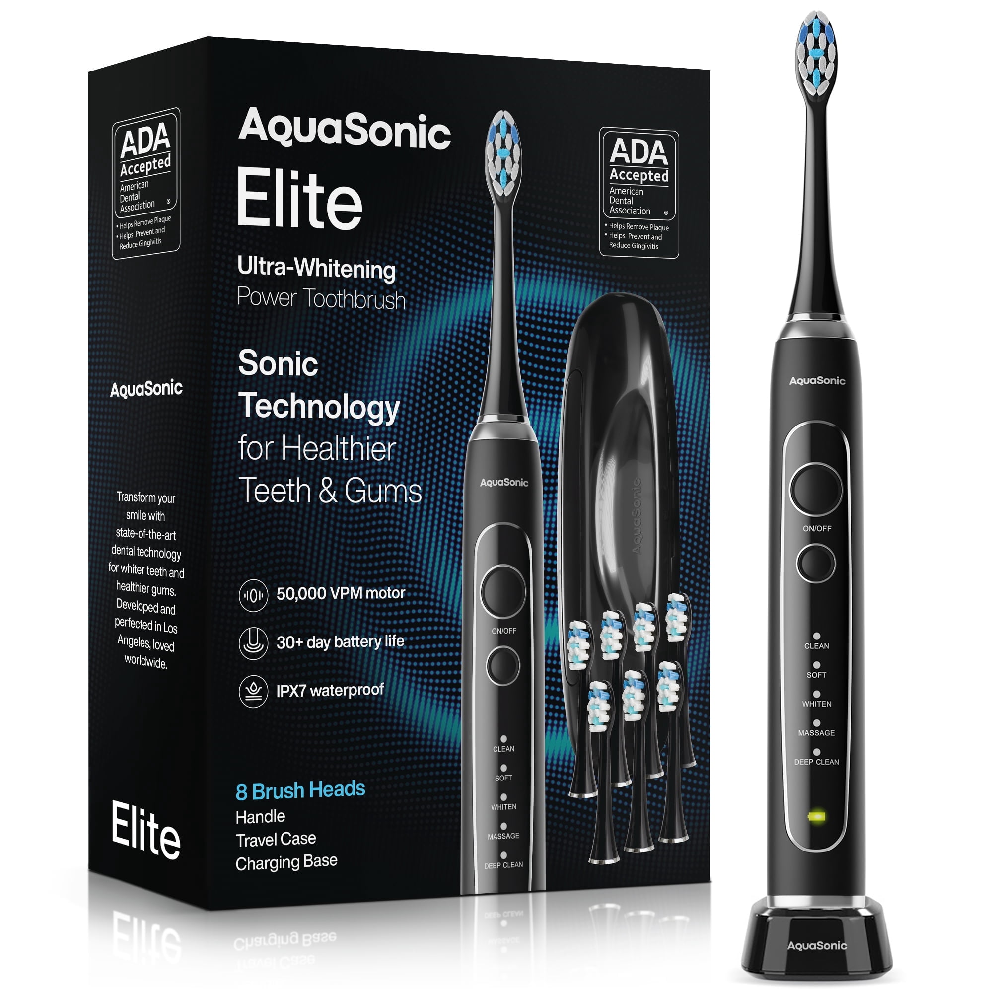 AquaSonic Elite Rechargeable Electric Toothbrush Set - ADA Accepted, 5 Modes, Travel Case, 8 Brush Heads Black