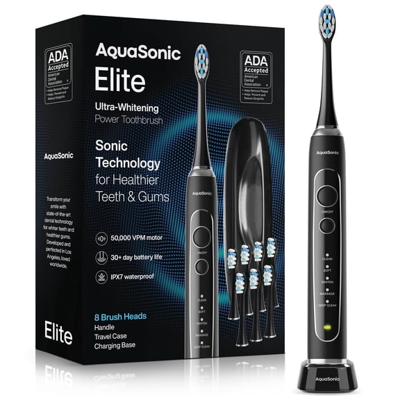 AquaSonic Elite Rechargeable Electric Toothbrush Set - ADA Accepted, 5 Modes, Travel Case, 8 Brush Heads (Black)