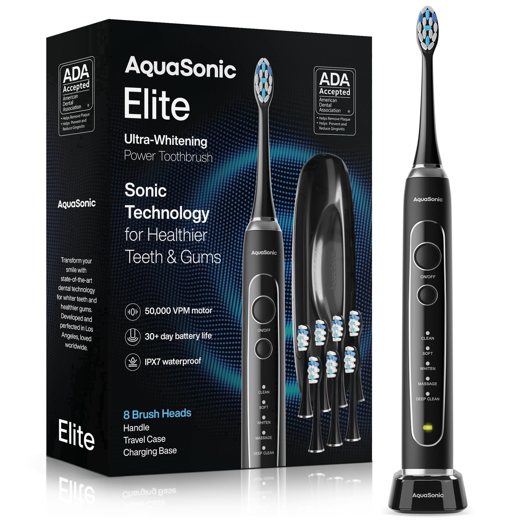 AquaSonic Elite Rechargeable Electric Toothbrush Set - ADA Accepted, 5 Modes, Travel Case, 8 Brush Heads (Black)