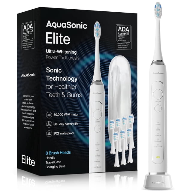 AquaSonic Elite Rechargeable Electric Toothbrush Set - ADA Accepted, 5 Modes, Travel Case, 8 Brush Heads (Optic White)