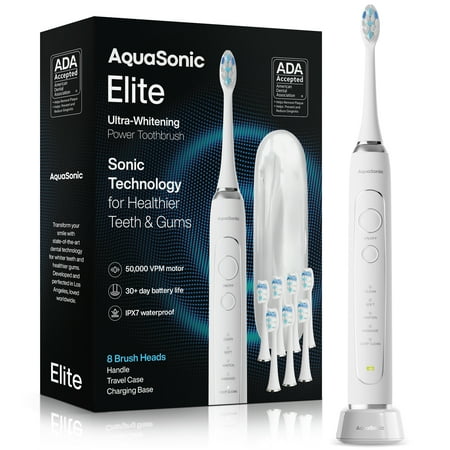 AquaSonic Elite Rechargeable Electric Toothbrush Set - ADA Accepted, 5 Modes, Travel Case, 8 Brush Heads (Optic White)