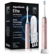 AquaSonic Elite Rechargeable Electric Toothbrush Set - ADA Accepted, 5 Modes, Travel Case, 8 Brush Heads Rose Gold