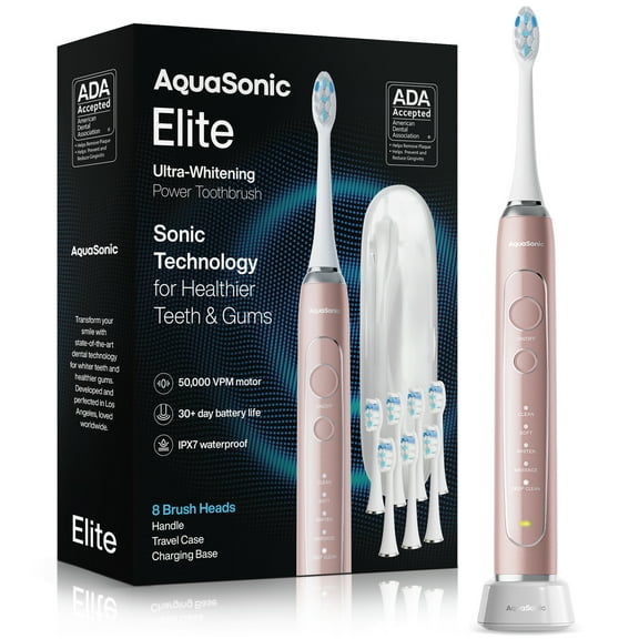 AquaSonic Elite Rechargeable Electric Toothbrush Set - ADA Accepted, 5 Modes, Travel Case, 8 Brush Heads (Rose Gold)