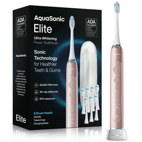 AquaSonic Elite Rechargeable Electric Toothbrush Set - ADA Accepted, 5 Modes, Travel Case, 8 Brush Heads (Rose Gold)