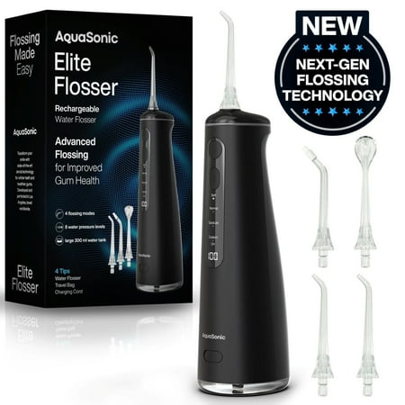 Elite Rechargeable Water Flosser - 300ml Tank, 4 Tips, Travel Bag, Waterproof - Black