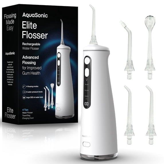 AquaSonic Elite Rechargeable Water Flosser - 300ml Tank, 4 Tips, Travel Bag, Waterproof - White