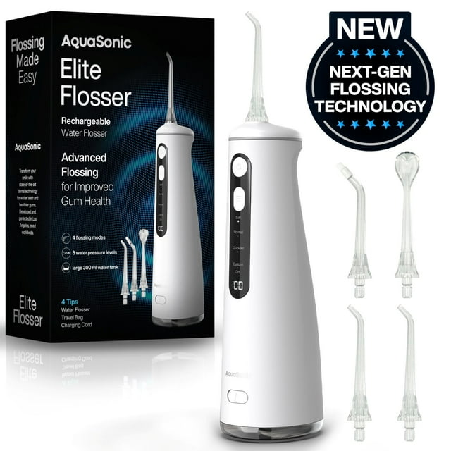 AquaSonic Elite Water Flosser - 300ml Tank, 4 Modes, 8 Pressures, 4 Tips, Waterproof - White