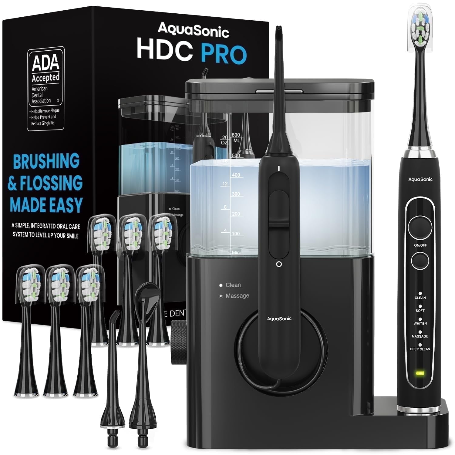 AquaSonic Home Dental Center PRO - 600ml Tank, Electric Power Toothbrush & Water Flosser, Black Series Pro+Oral Irrigator – ADA Accepted (Black)