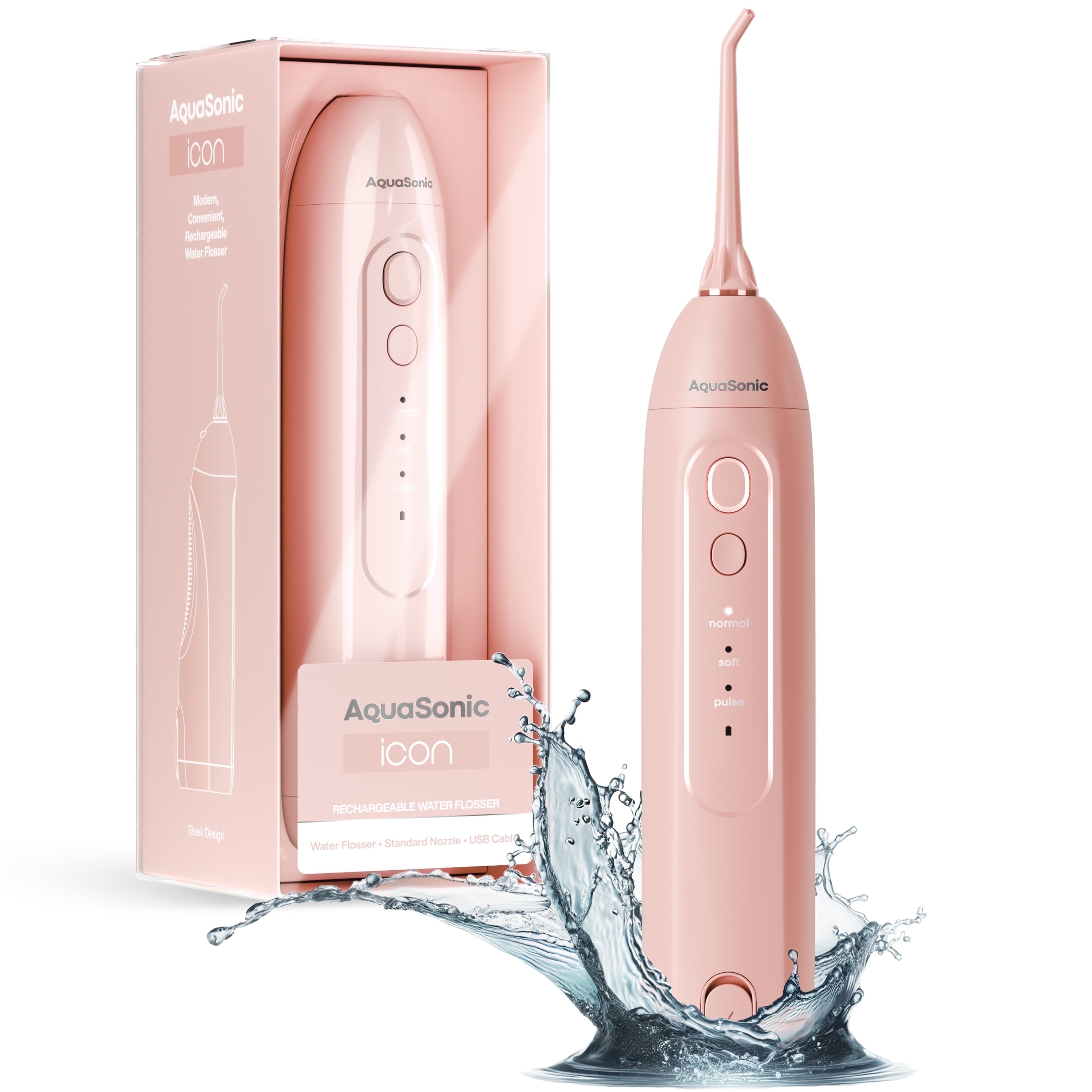 AquaSonic Icon Electric Water Flosser - 150ml Tank, Cordless Rechargeable, Waterproof, Portable Oral Irrigator - Light Pink
