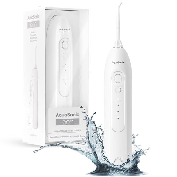 AquaSonic Icon Electric Water Flosser - 150ml Tank, Cordless Rechargeable, Waterproof, Portable Oral Irrigator - White