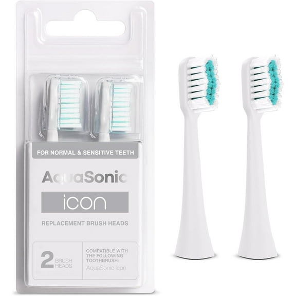 AquaSonic Icon Replacement Brush Heads - ADA Approved, Micro-Vibrations Technology, Multi-Length Bristles, Easy Replacement - For Normal & Sensitive Teeth | 2 Brush Heads (White)