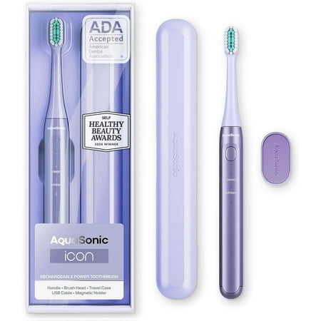 AquaSonic Icon Slim Electric Toothbrush - For Adults and Kids, Magnetic Holder, Travel Case, Rechargeable (Lilac)