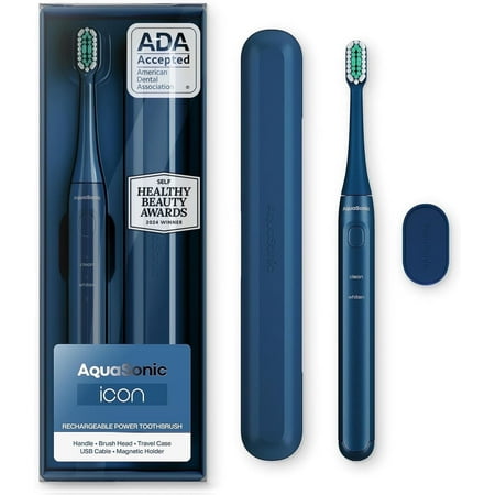 AquaSonic - Icon ADA-Accepted Rechargeable Toothbrush- Magnetic Holder & Slim Travel Case - 2 Brushing Modes & Smart Timers - Navy