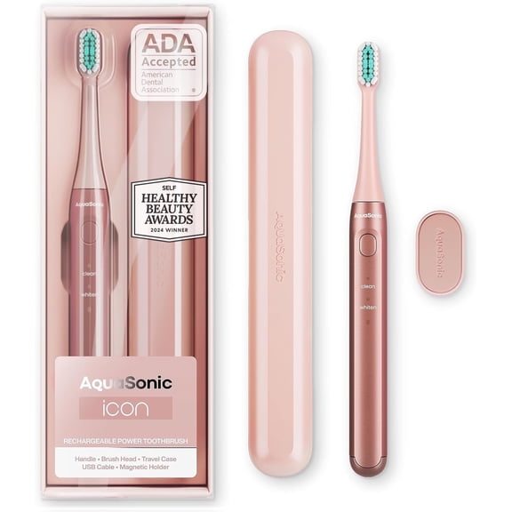 AquaSonic Icon Slim Electric Toothbrush - For Adults and Kids, Magnetic Holder, Travel Case, Rechargeable (Pink)