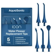 AquaSonic Icon Water Flosser Replacement Tips – 5 Tips, 4 Tip Types: Standard, Periodontal, Orthodontic & Tongue Scraper - Genuine, Authentic Part (Navy)