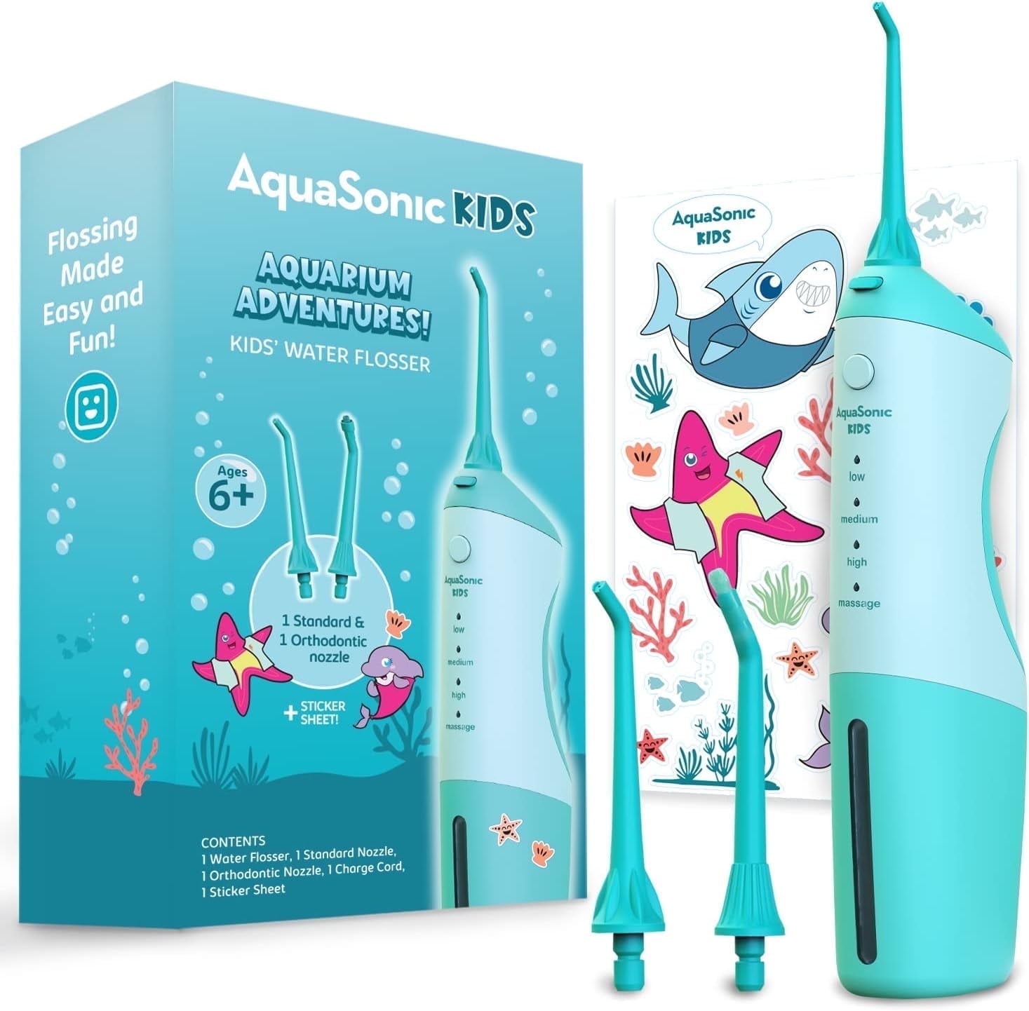 AquaSonic Kids Water Flosser - Aquarium Adventures Theme with Waterproof Stickers (Blue)