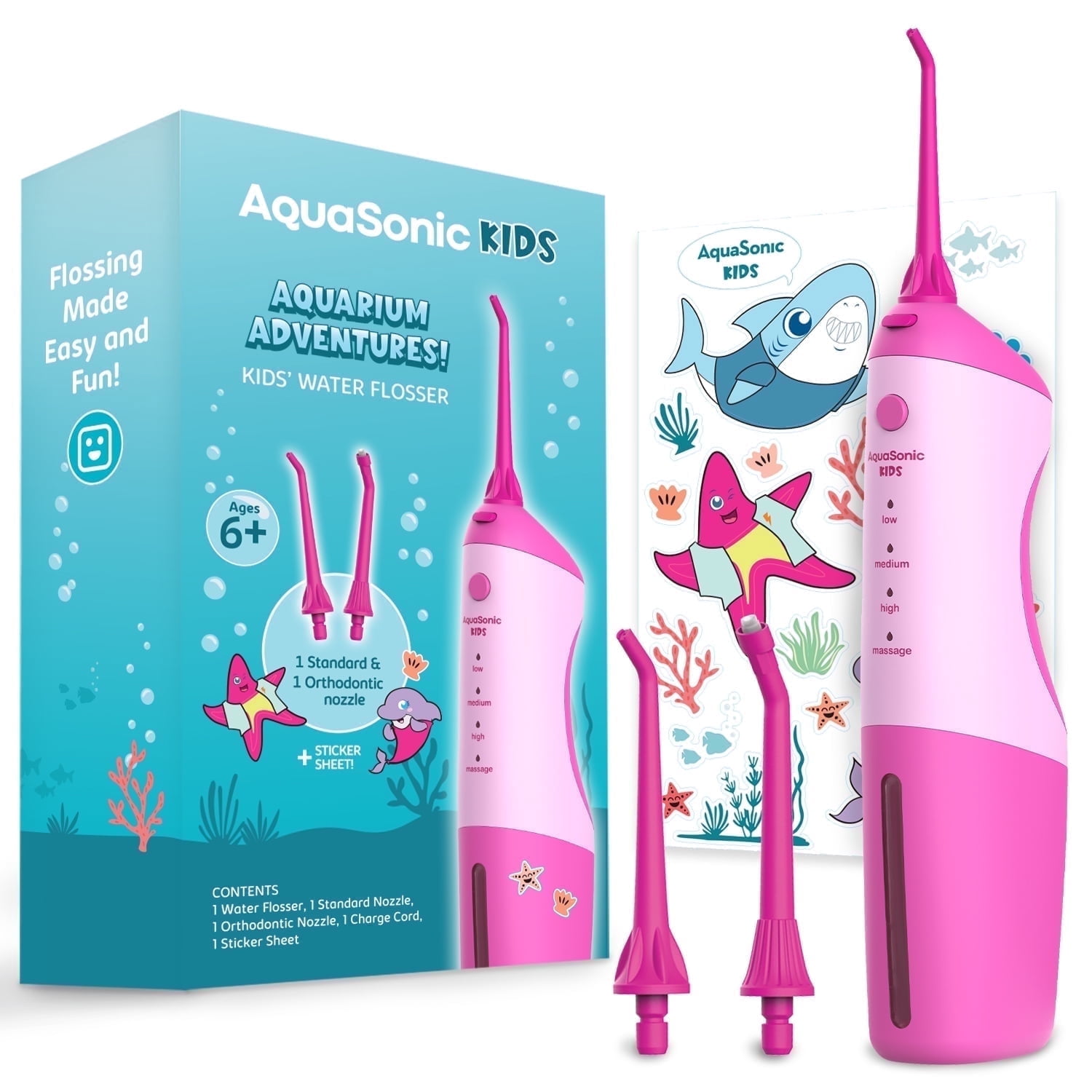 AquaSonic Kids Water Flosser - Aquarium Adventures Theme with Waterproof Stickers (Pink)