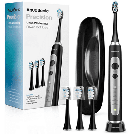 AquaSonic Precision Electric Toothbrush - Rechargeable, 5 Modes, Travel Case, 4 Brush Heads - Black