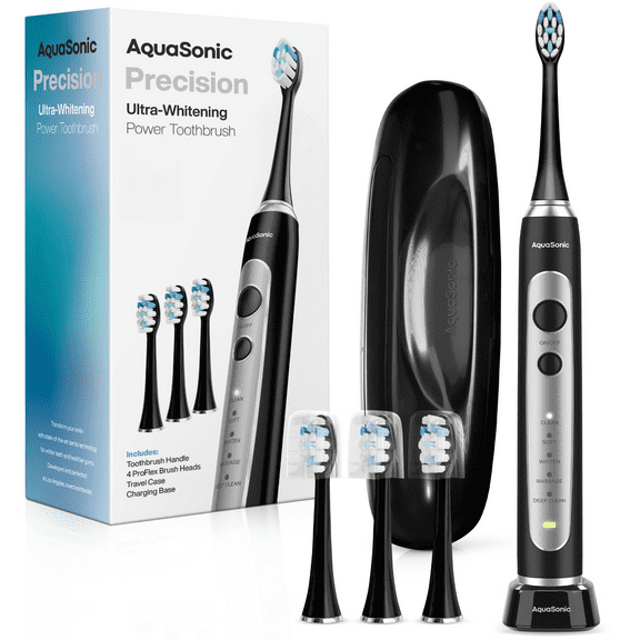 AquaSonic Precision Electric Toothbrush - Rechargeable, 5 Modes, Travel Case, 4 Brush Heads - Black