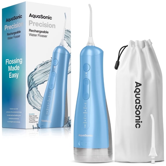 AquaSonic Precision Rechargeable Cordless Water Flosser with Travel Bag and 2 Standard Flossing Tips - Blue