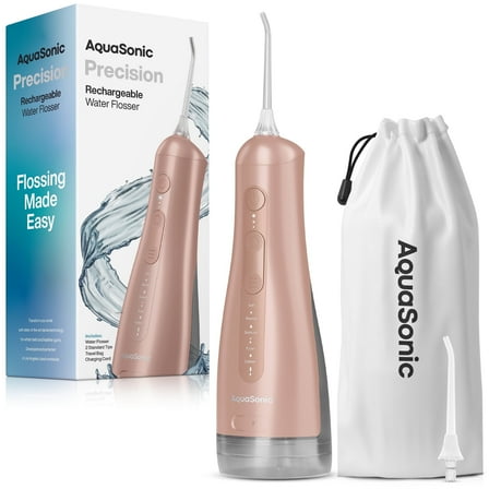 AquaSonic Precision Rechargeable Cordless Water Flosser with Travel Bag and 2 Standard Flossing Tips - Rose Gold