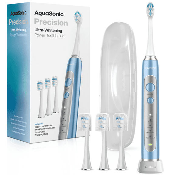 AquaSonic Precision Rechargeable Electric Toothbrush, 5 Modes, 30-Day Battery, Travel Case   4 ProFlex Brush Heads - Blue
