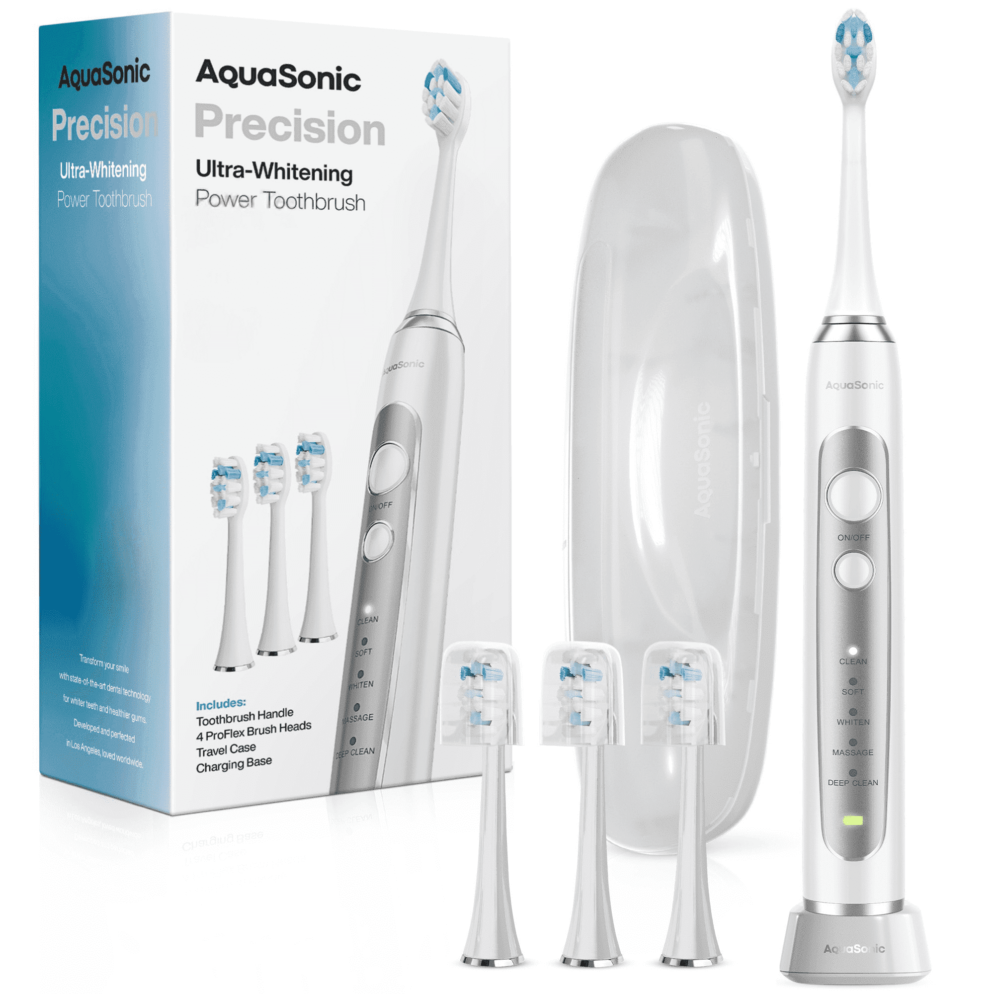 AquaSonic Precision Rechargeable Electric Toothbrush, 5 Modes, 30-Day Battery, Travel Case + 4 ProFlex Brush Heads - White