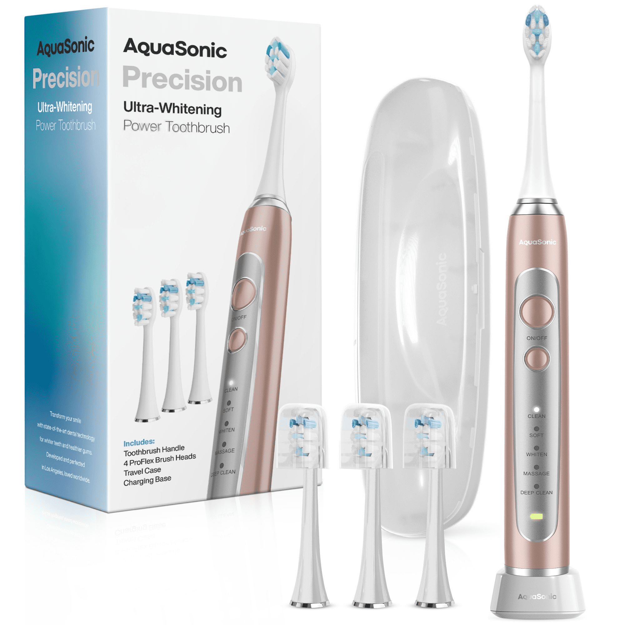 AquaSonic Precision Rechargeable Electric Toothbrush, 5 Modes, 4 Brush Heads, Travel Case, Rose Gold