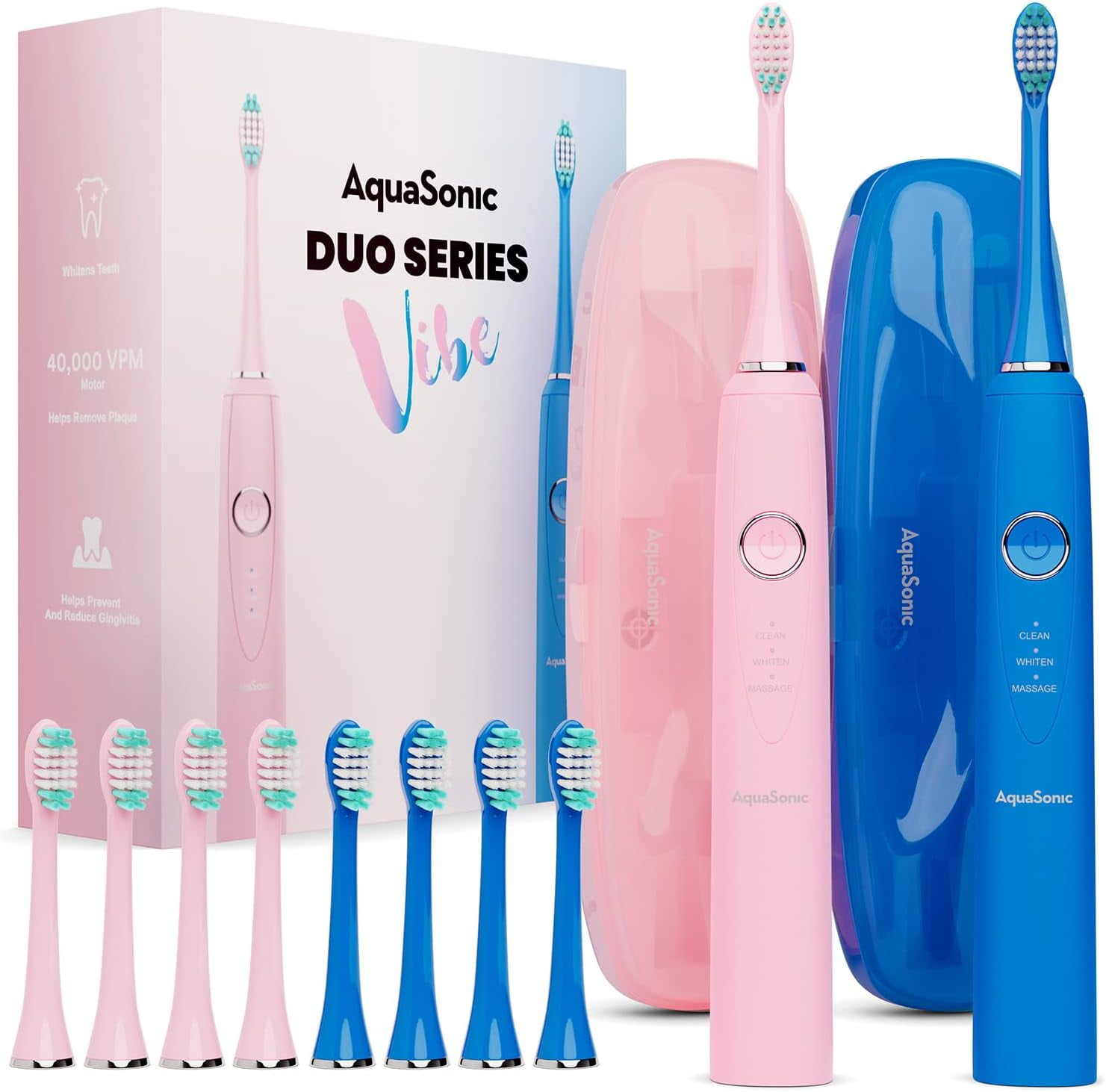 AquaSonic Vibe Duo Electric Toothbrush Set of Two, 3 Modes, Smart
