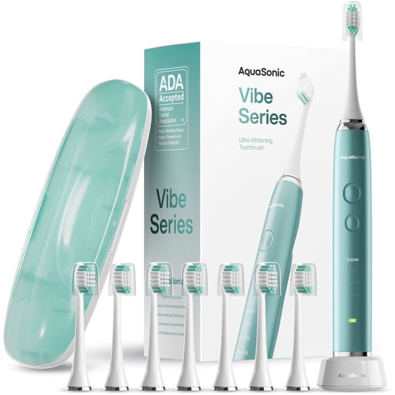 AquaSonic Vibe Electric Toothbrush Set - ADA Accepted, Rechargeable, 4 Modes, Travel Case, 8 Brush Heads - Green Metallic
