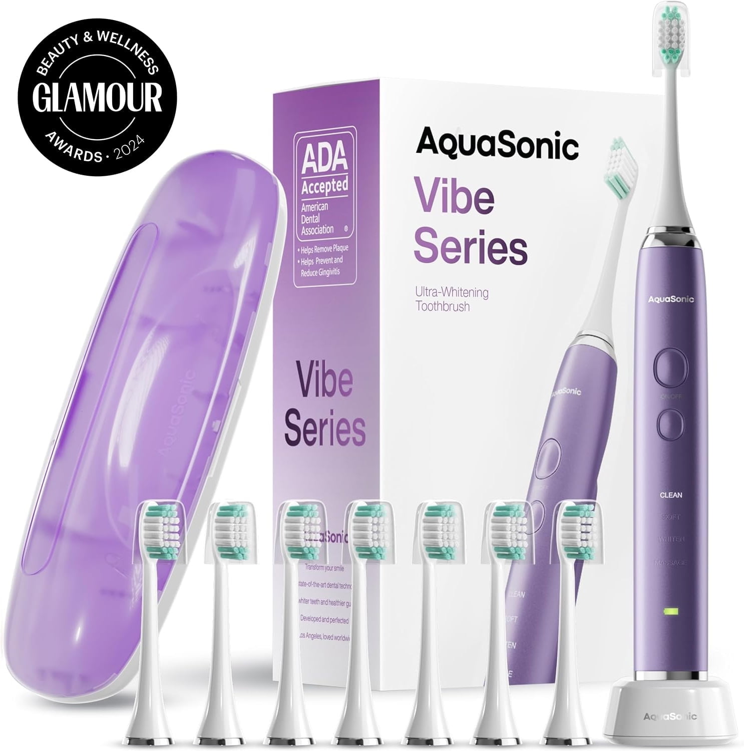 AquaSonic Vibe Electric Toothbrush Set - ADA Accepted, Rechargeable, 4 Modes, Travel Case, 8 Brush Heads - Satin Violet