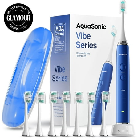 AquaSonic Vibe Electric Toothbrush Set, Rechargeable, 4 Modes, Travel Case, 8 Brush Heads - Sapphire Blue