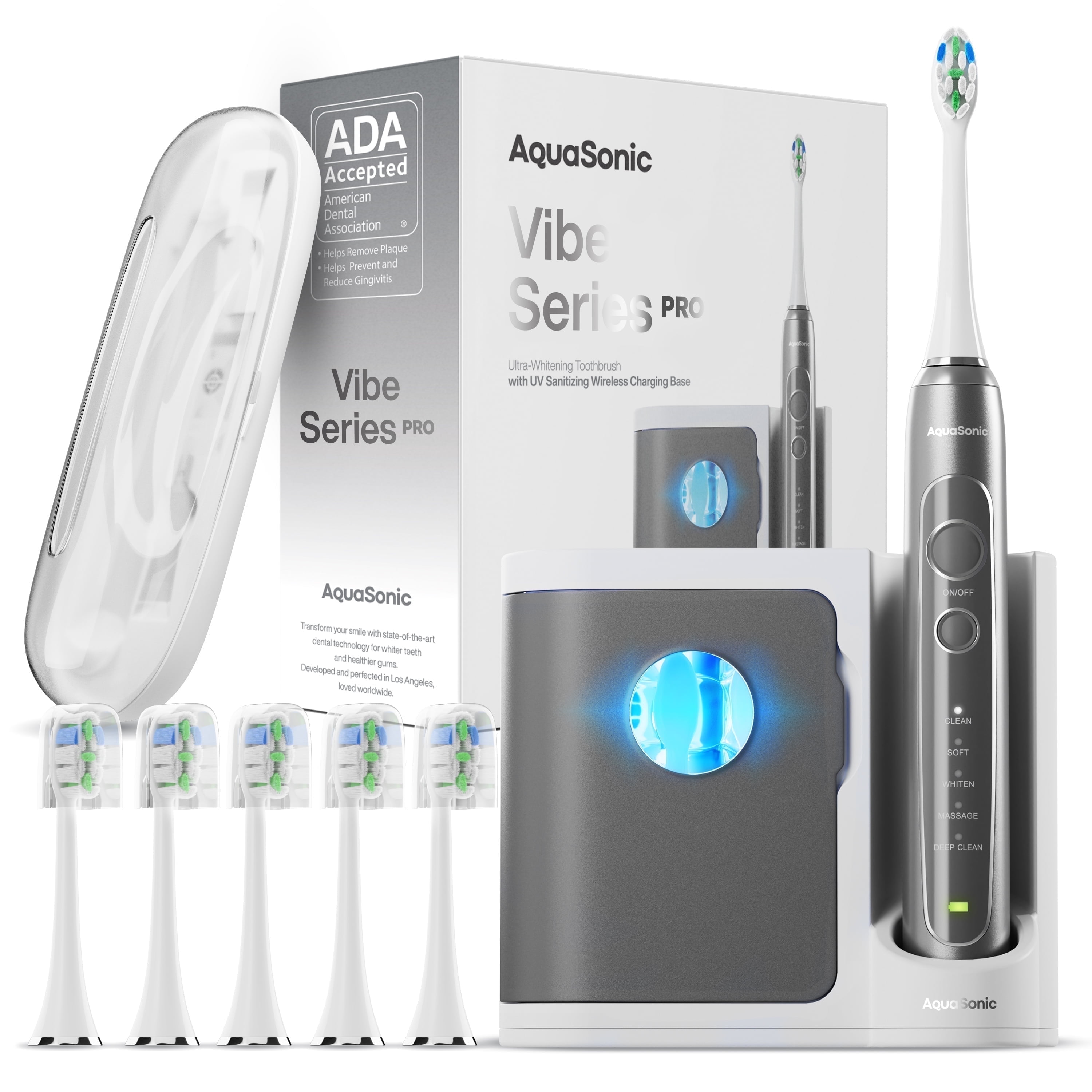 AquaSonic Vibe Series Pro Electric Toothbrush - UV Light, Wireless Charging, 4 Modes, 8 DuPont Brush Heads, Travel Case, ADA Approved - Charcoal Gray