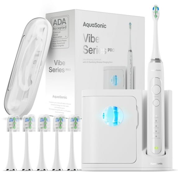 AquaSonic Vibe Series Pro Electric Toothbrush - UV Light, Wireless Charging, 4 Modes, 8 DuPont Brush Heads, Travel Case, ADA Approved - White