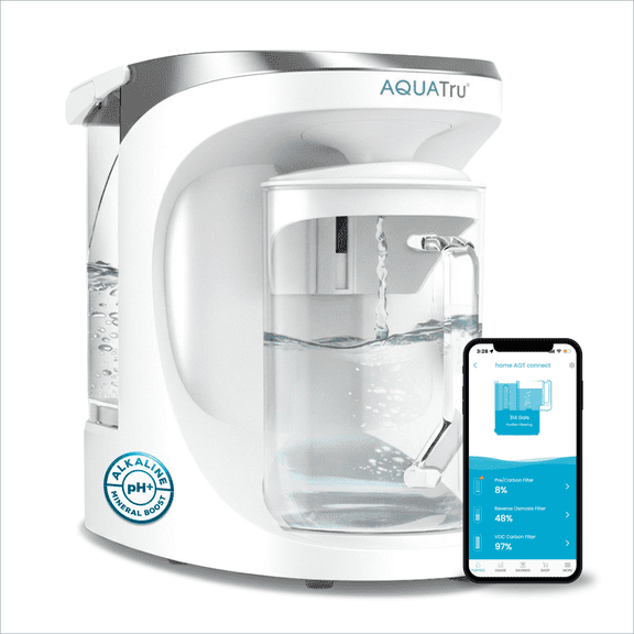 AquaTru Carafe Smart Alkaline Countertop Water Purifier System with Glass Carafe, 4-Stage Reverse Osmosis, 14x7.5x13 in., 1-Pack