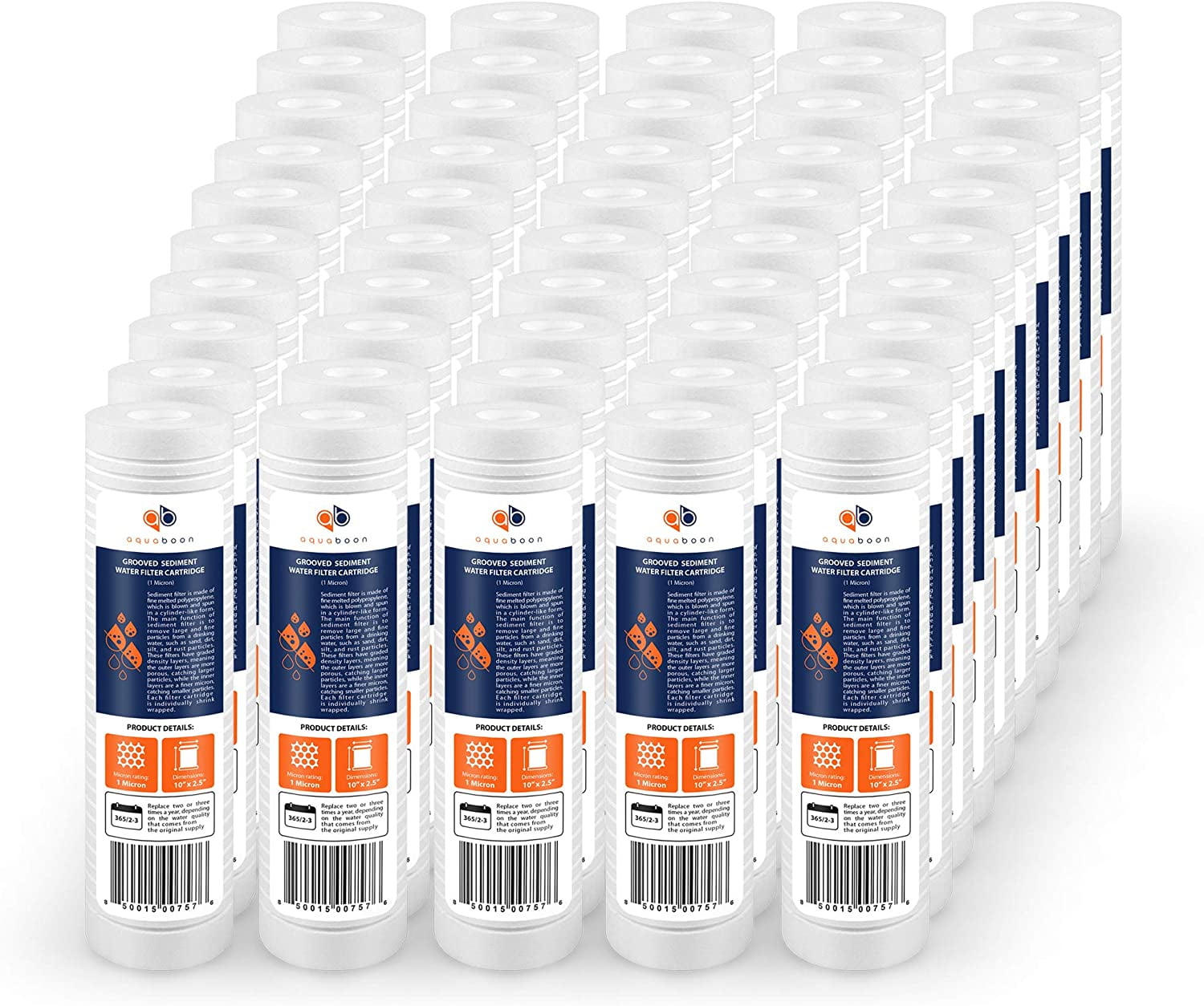 Aquaboon 1 Micron 10" x 2.5" Grooved Sediment Water Filter Replacement Cartridge for Any 10 inch RO Unit | Whole House Sediment Filtration | Compatible with P5, AP110, WFPFC5002, CFS110, RS14, 50-Pack