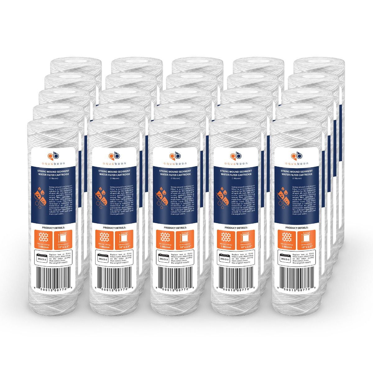 Aquaboon 1 Micron 10" x 2.5" String Wound Sediment Water Filter Cartridge | Universal Replacement for Any 10 inch RO Unit | Compatible with WFPFC4002, CW-F, PFC4002, 25-Pack