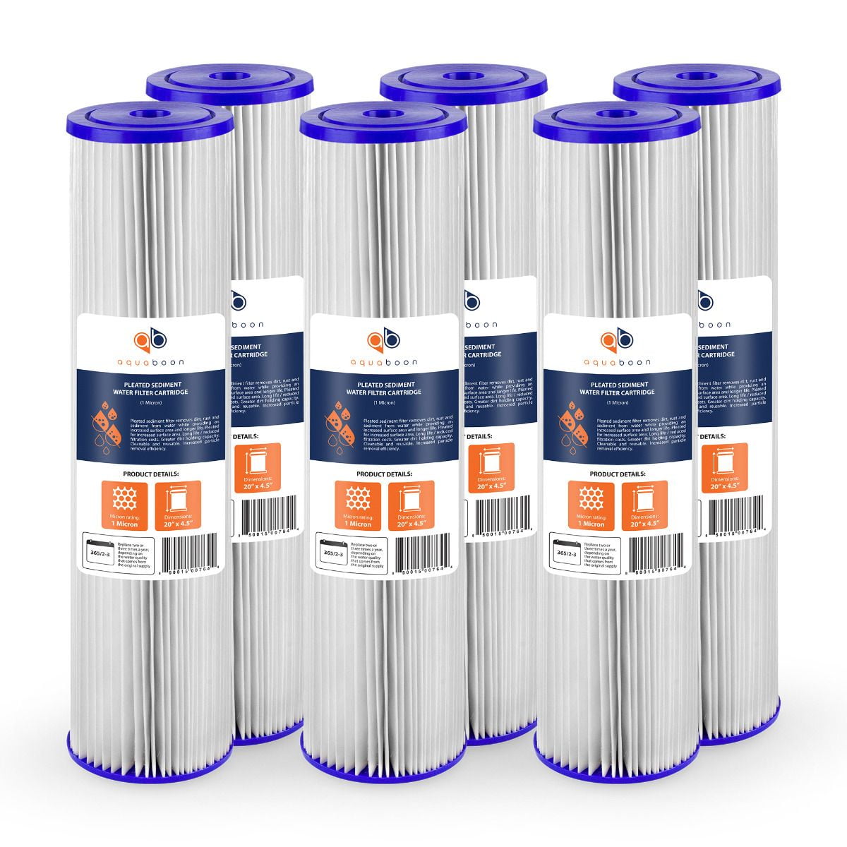 Aquaboon 1 Micron 20" Pleated Sediment Water Filter Replacement Cartridge | Whole House Sediment Filtration | Compatible with ECP5-BB, AP810-2, HDC3001, CP5-BB, SPC-45-1005, ECP1-20BB, 6-Pack