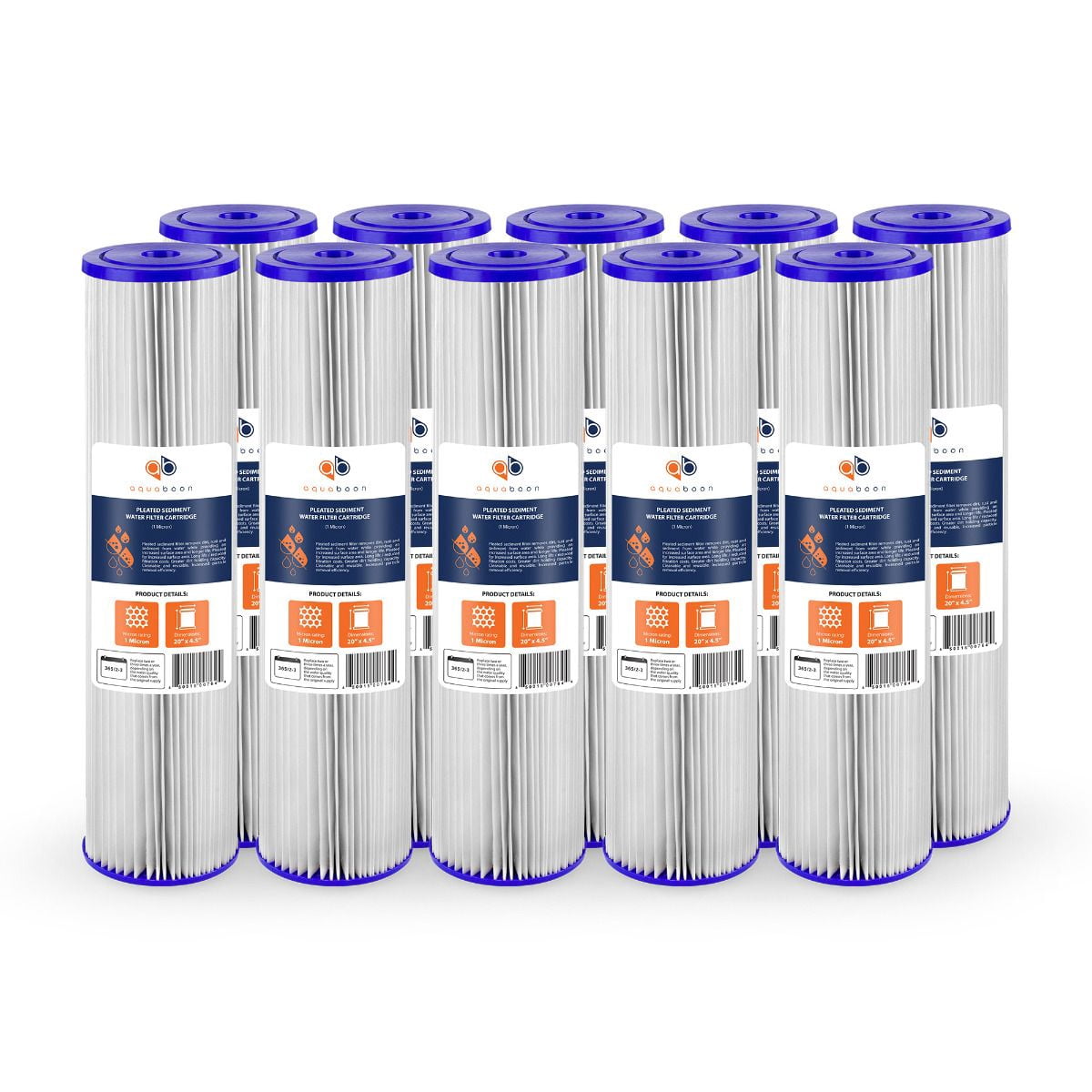 Aquaboon 1 Micron 20" Pleated Sediment Water Filter Replacement Cartridge | Whole House Sediment Filtration | Compatible with ECP5-BB, AP810-2, HDC3001, CP5-BB, SPC-45-1005, ECP1-20BB, 10-Pack